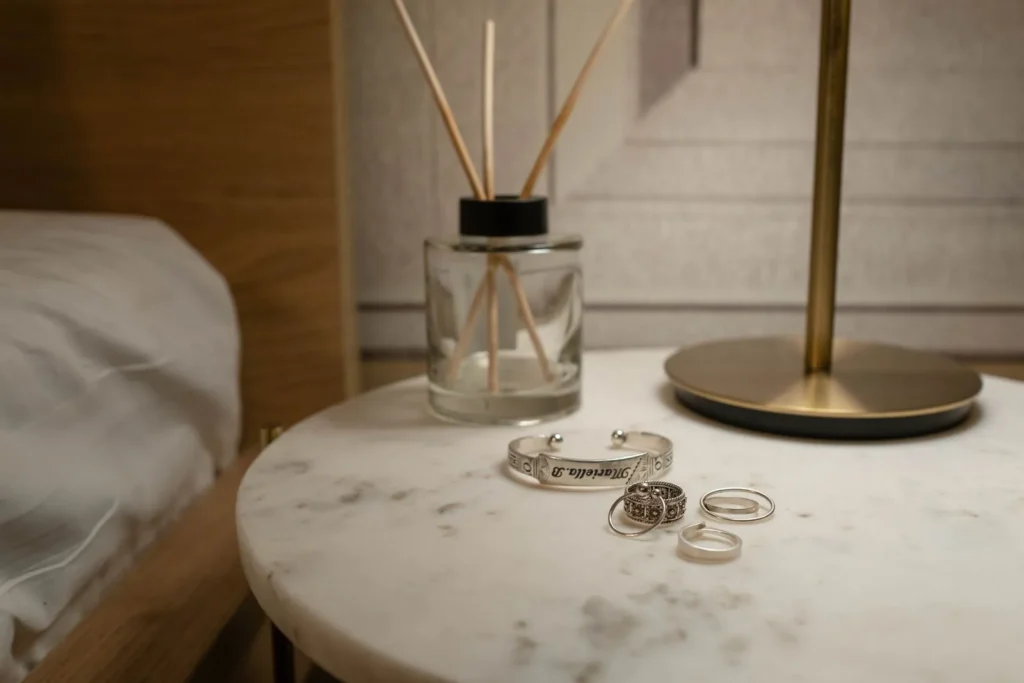 Alianzas y pulsera sobre una mesita de noche de mármol, divorcio sin hijos